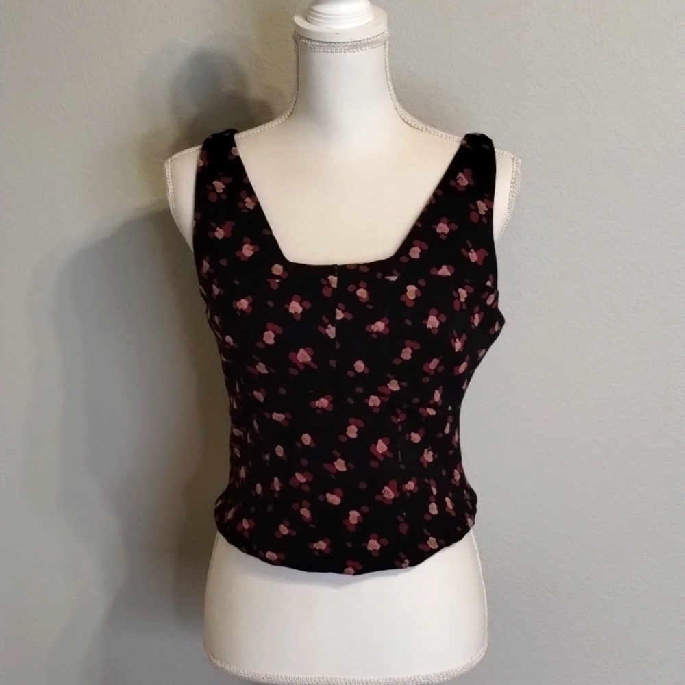 CAbi camisole tank style # 4207 Black Cropped Pink Floral Size Medium stretch